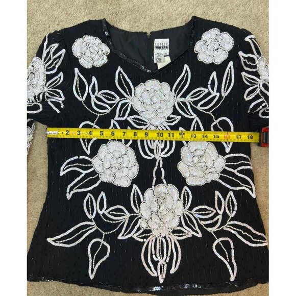 Vintage Leslie Fay Black Beaded Silk Sequin White Floral Formal Top NWT - Picture 12 of 15